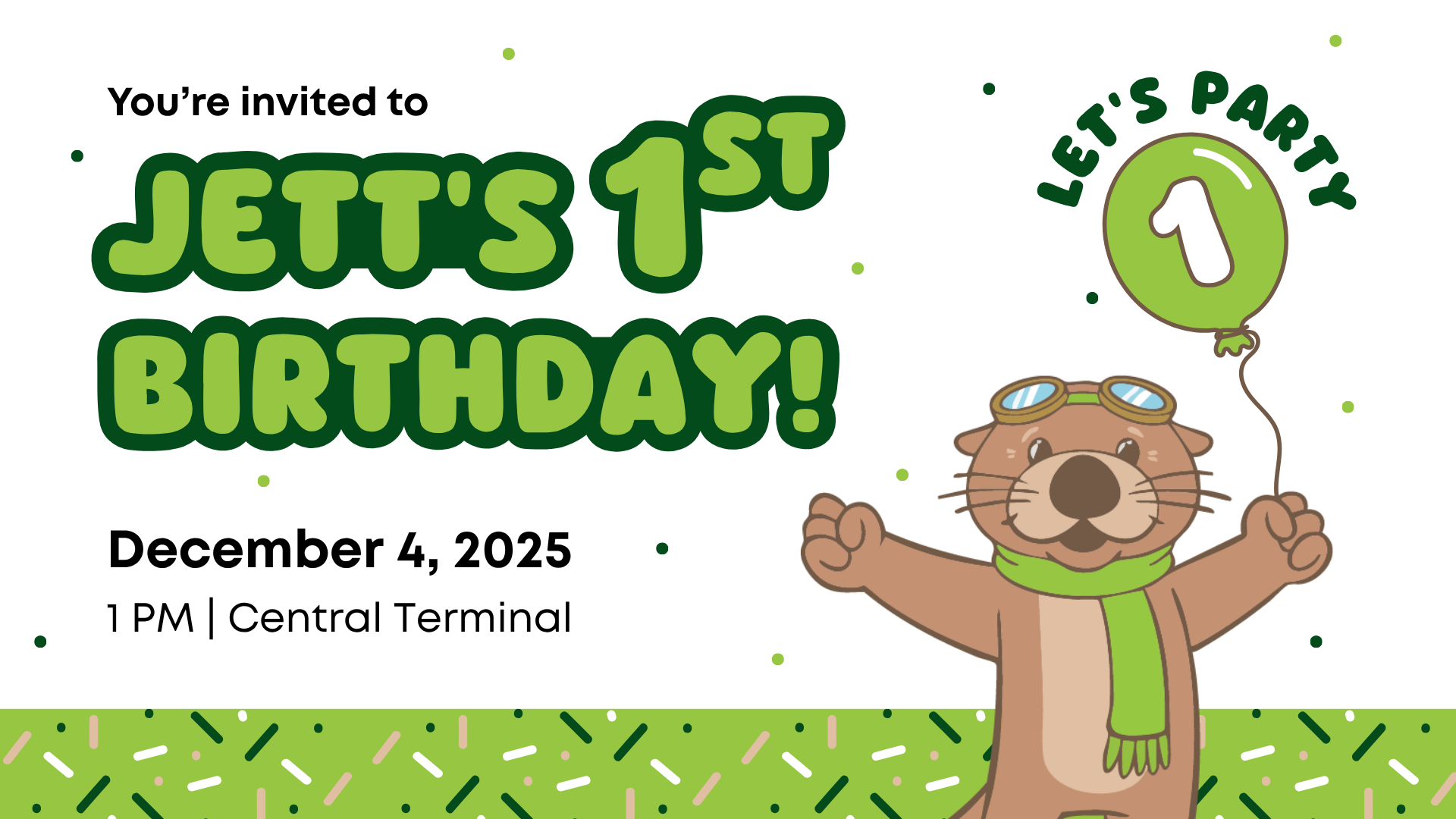 You're invited to Jett's 1st Birthday! Jett is holding a balloon with a 1,