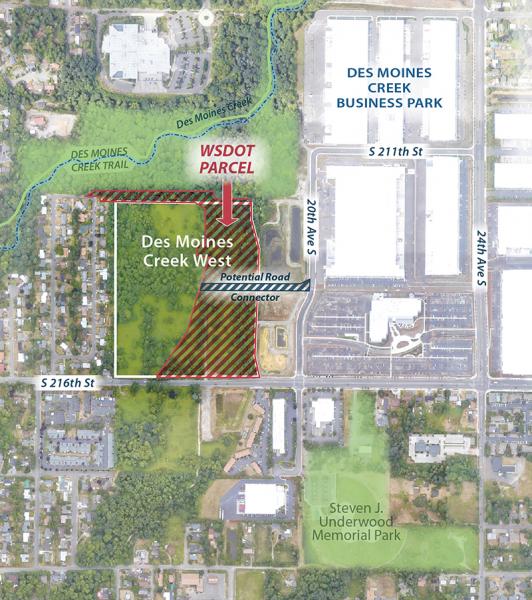 Aerial map showing the WSDOT parcel and Des Moines Creek site boundaries adjacent to Des Moines Creek Business Park, with a potential road connector along 20th AVe S, bordered by Des Moines Creek Trail to the west and S 216th Street to the south