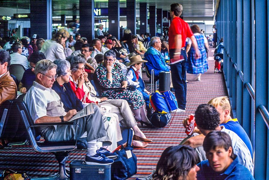 Passengers waiting at Sea-Tac in the 1990s.