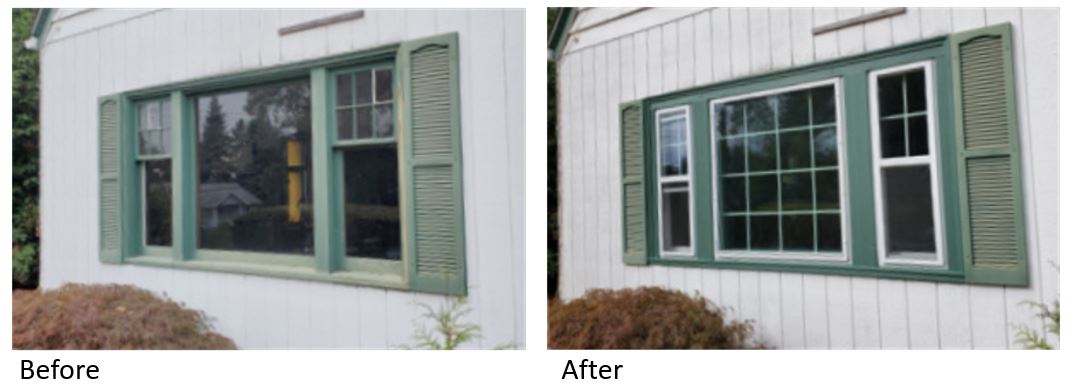 Before and after shot of a home's windows receiving an additional barrier at the edges of the window panes.