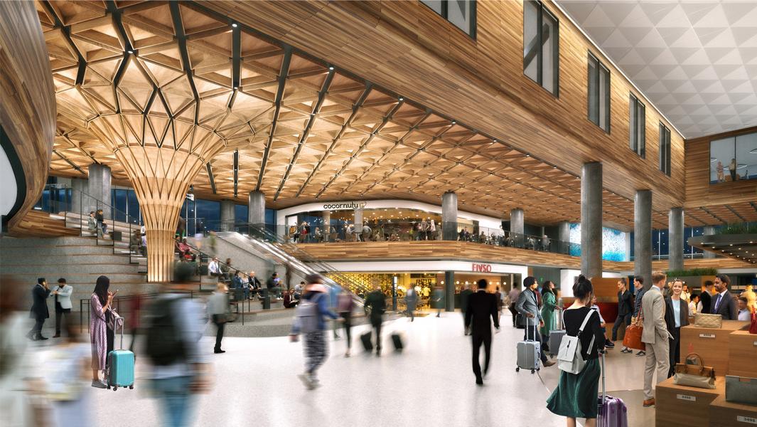 A rendering of The Grand Stairs at Concourse C, showing a large wooden ceiling feature, wide terraced seating, escalators, and travelers moving through the open terminal space.