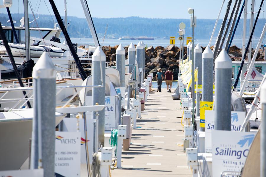 Sailing clubs on dock at Shilshole Bay Marina.
