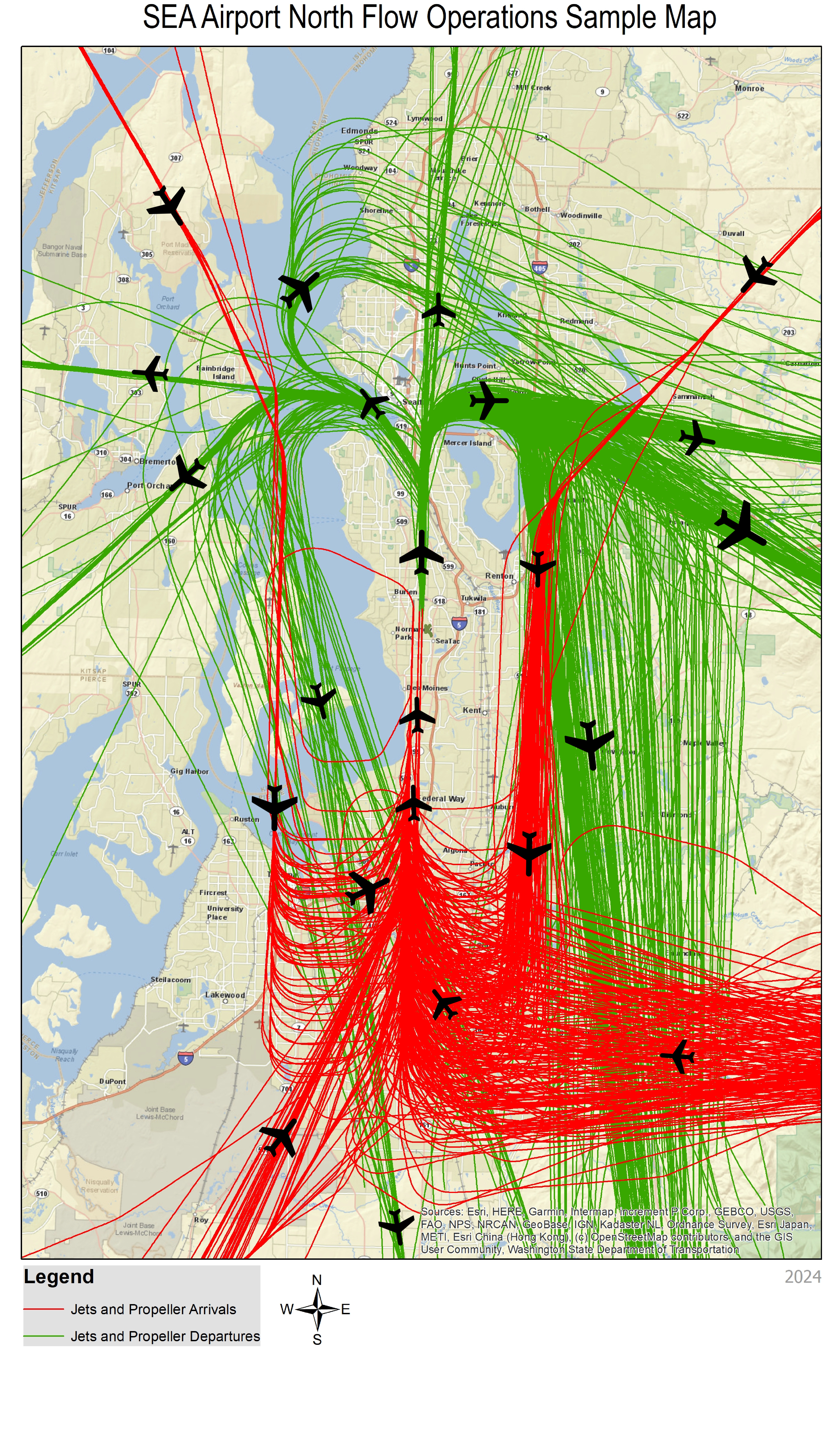 A map titled “SEA Airport North Flow Operations Sample Map” showing aircraft flight activity over the greater Seattle region. The background is a beige‑colored map displaying cities, major roads, and waterways, including Puget Sound and Lake Washington. Numerous flight‑path lines cover the map: red lines represent jets and propeller arrivals, and green lines represent jets and propeller departures. The lines converge densely around the airport near the bottom center and extend in many directions to the north, east, and west. Black airplane icons are placed along several flight paths to illustrate aircraft movement. A legend at the bottom identifies the red and green line types, and a compass rose beneath it indicates north, south, east, and west. The bottom right corner contains the year “2024.