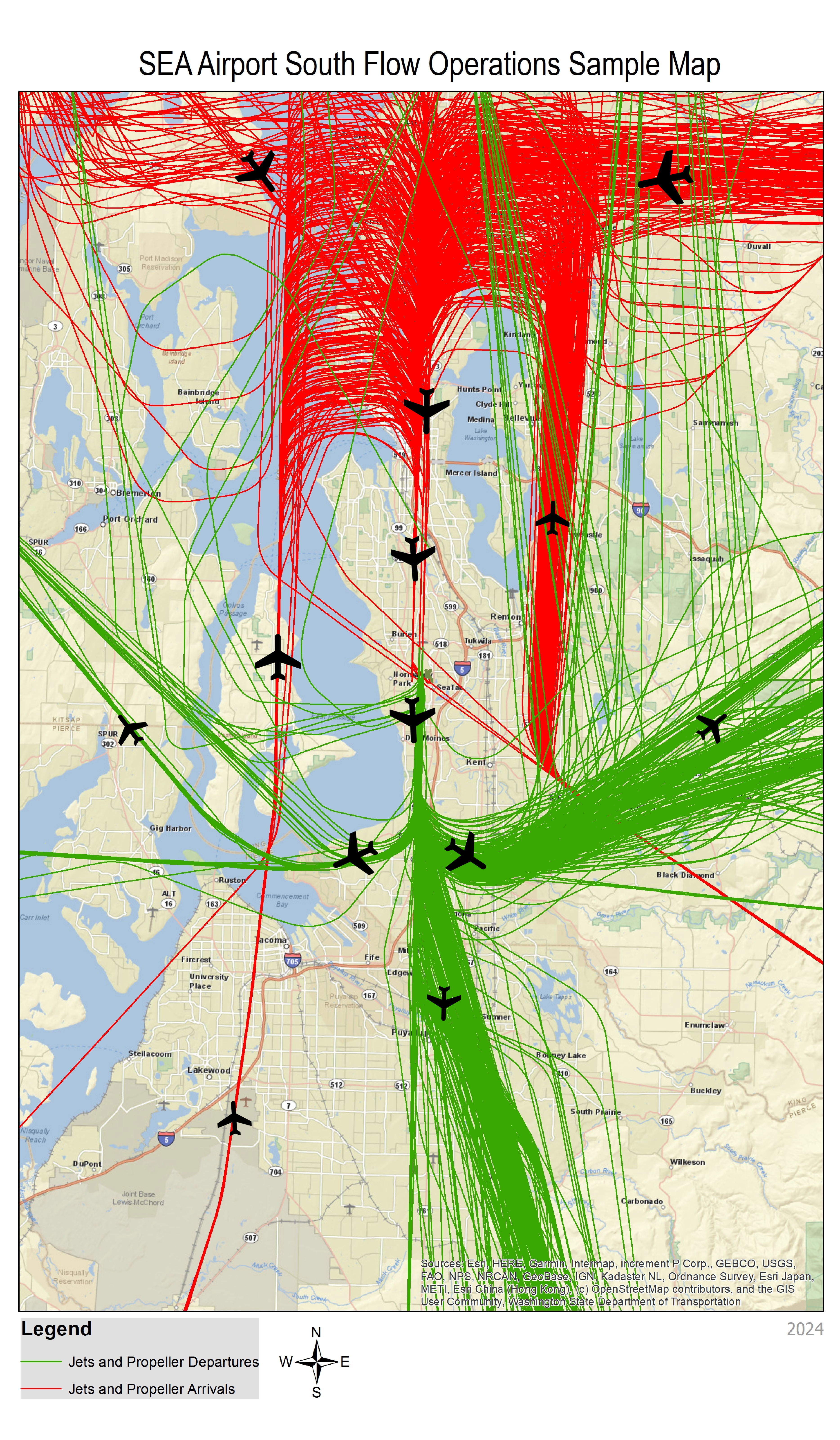 A map titled “SEA Airport South Flow Operations Sample Map” showing aircraft flight activity over the greater Seattle region. The map displays a beige‑colored base map with labeled cities, roads, and water bodies, including Puget Sound, Lake Washington, and surrounding communities. Numerous curved flight‑path lines cover the map: green lines represent jets and propeller departures, and red lines represent jets and propeller arrivals. The lines converge heavily around the airport area in the center of the map and extend in multiple directions north, south, east, and west. Black airplane icons are positioned along the various corridors to illustrate aircraft movement. A legend at the bottom identifies the meaning of the green and red lines. A compass rose appears near the bottom center showing north, south, east, west. The map is marked with “2024” in the lower right corner.