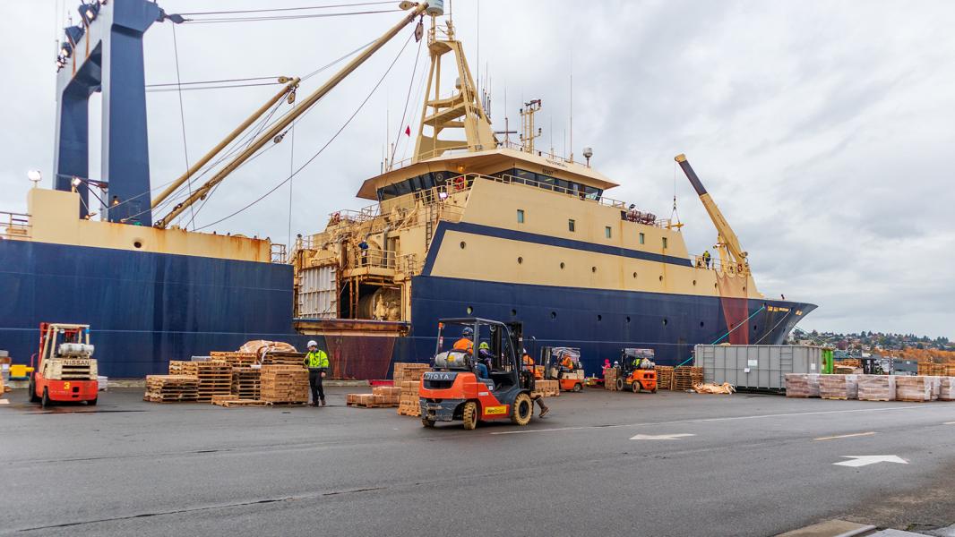 Dock workers and several forklifts load and move wooden pallets beside a large industrial ship tied up at a port. The ship has a tan and dark‑blue hull with cranes and rigging overhead. The scene shows an active loading area under an overcast sky
