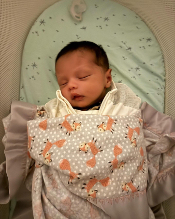 A newborn baby wrapped in a blanket.