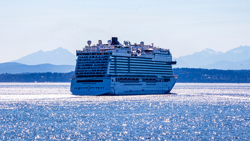 A large cruise ship sails on open water with distant forested land and mountains in the background.