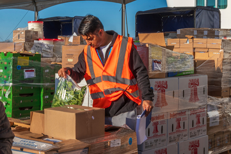 Worker in a high‑visibility vest sorting produce among stacks of boxed goods at a loading area.