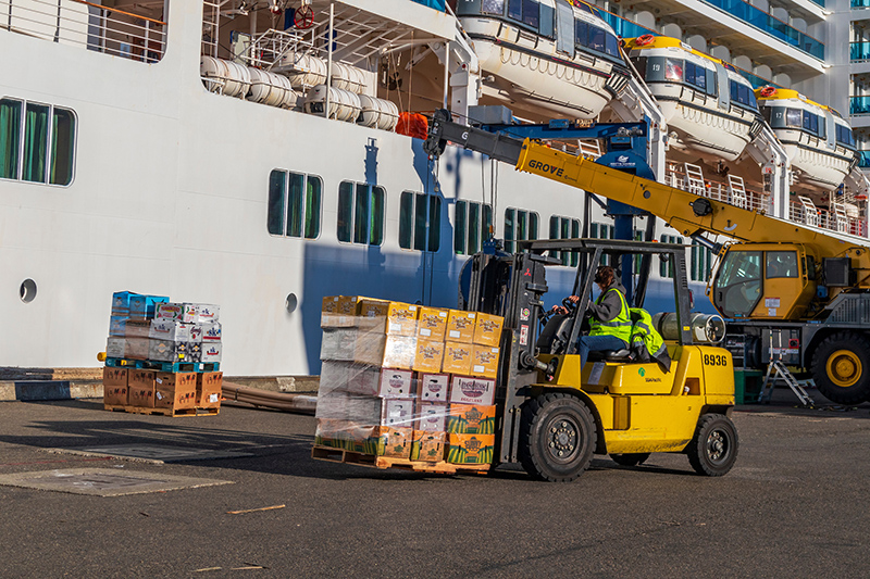 Forklift moving palletized supplies beside a docked cruise ship.