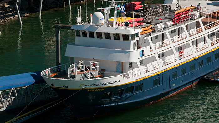 A National Geographic vessel named Sea Lion docked beside a gangway in green harbor water.