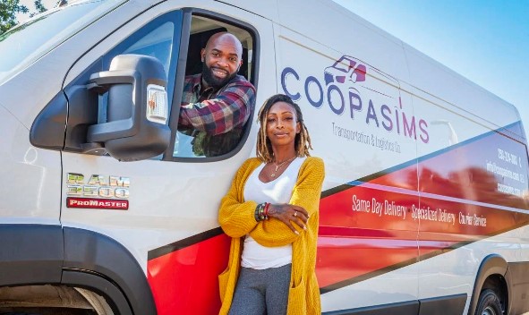 Markiss Cooper and Ashley Cooper beside a COOPASIMS Transportation and Logistics delivery van.