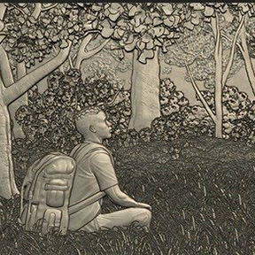 The artwork “Horizon” by Barry Johnson depicts a carved-style scene of a person seated on grass with a backpack, surrounded by trees and foliage.