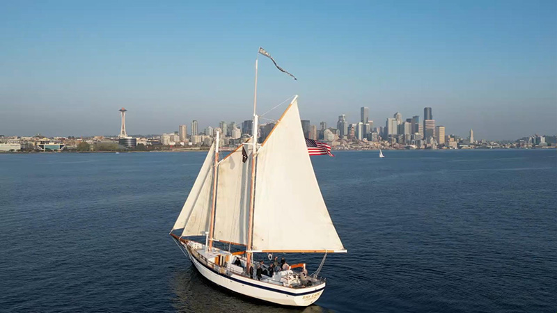 The Bay Lady sailboat moves across calm water with a city skyline and a tall tower in the background.
