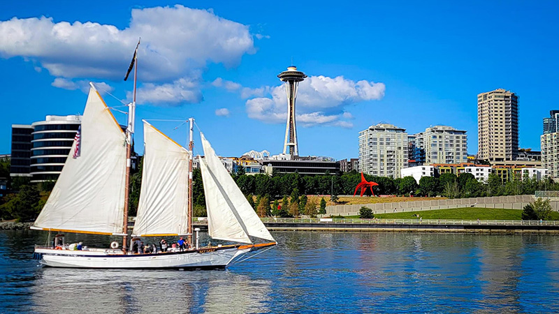The Bay Lady sailboat passes across calm water with a city skyline and a tall tower in the background.