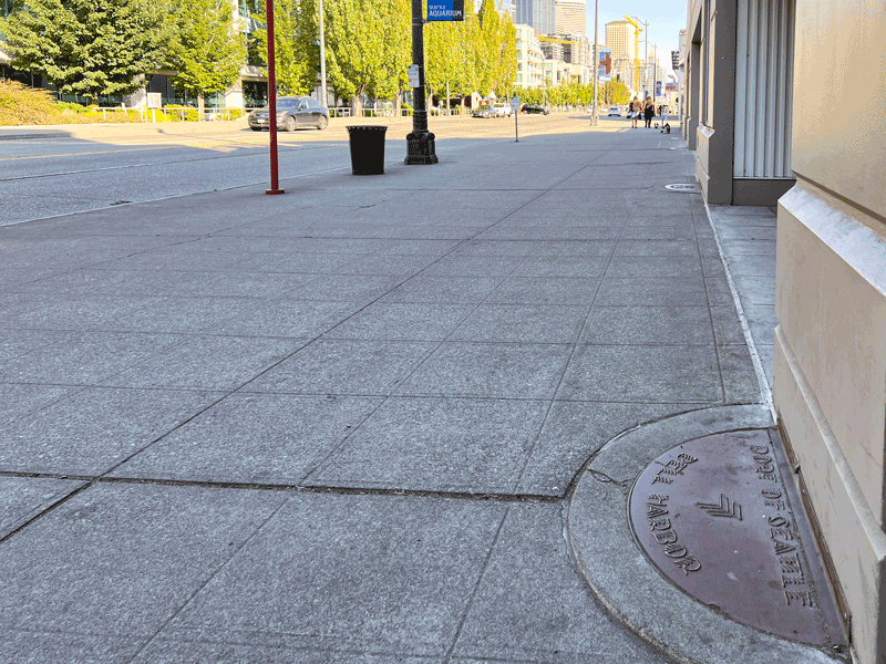 A quiet city sidewalk with pavement markers curves into the distance, with trees, buildings, and a few people visible ahead.