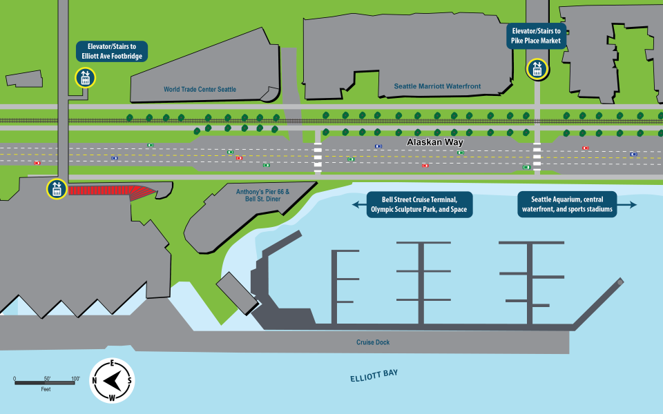 Map of elevator access points near Pier 66