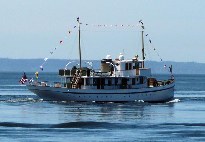 A white boat named “Blue Peter” moves across calm water, decorated with a string of colorful signal flags along its masts, with distant land and a clear sky in the background.