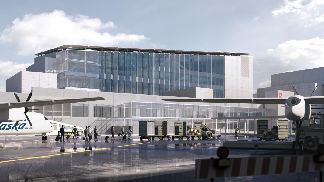 A rendering of the C Concourse Expansion exterior, showing small aircraft on the wet tarmac, ground crews working with luggage carts, and travelers walking toward a modern glass‑front terminal building.