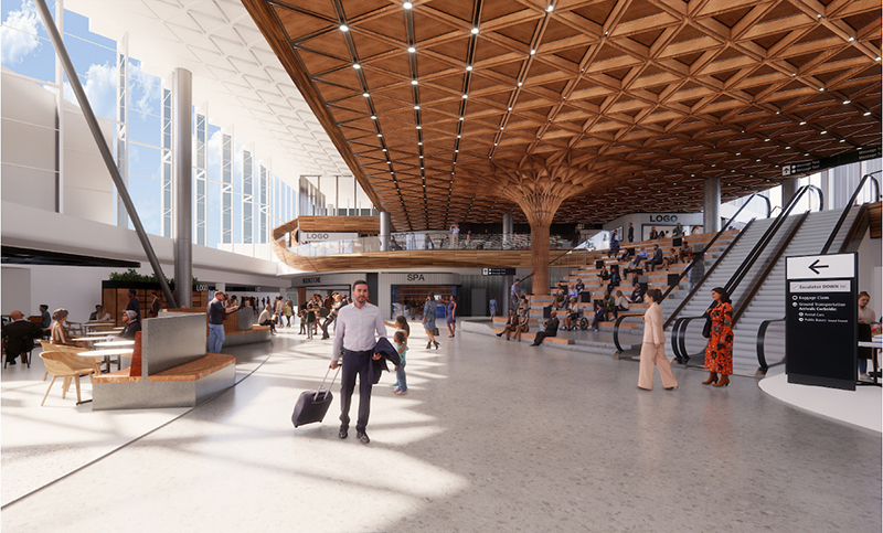 Bright airport terminal with wood‑patterned ceiling, escalators, and travelers walking and seated throughout the open space.