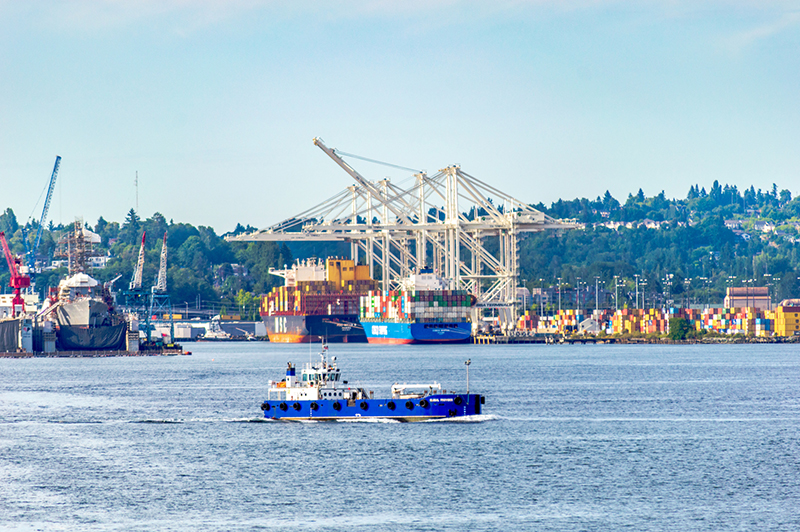 The container ships MSC Nitya and COSCO Boston are docked at a port with large cranes, while a smaller blue vessel moves across the water in the foreground.