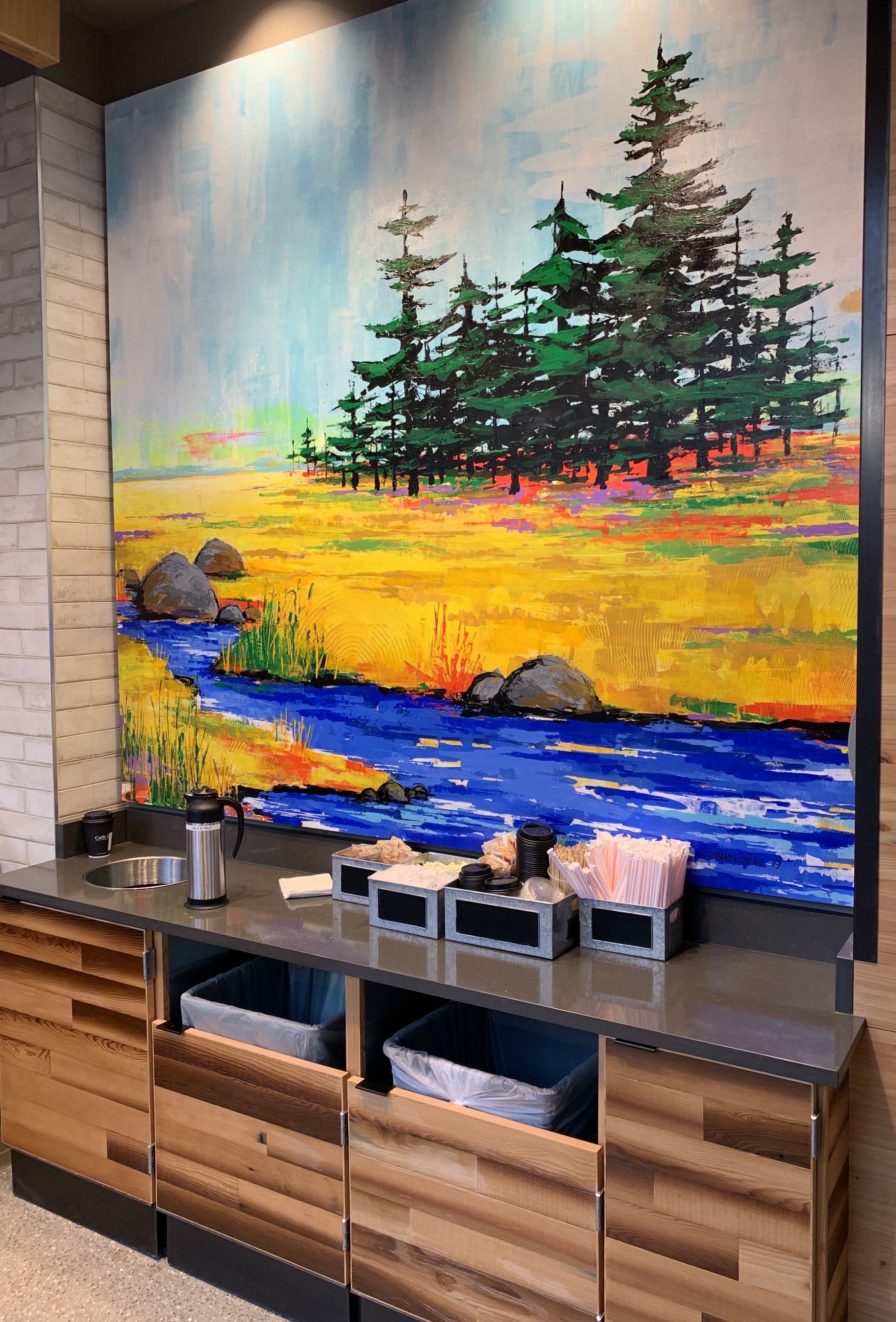 Painting behind self-serve counter.