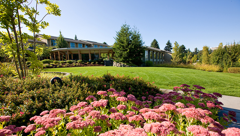 A landscaped garden with pink flowering plants in the foreground sits in front of a large building surrounded by trees and open green lawn under a clear sky.