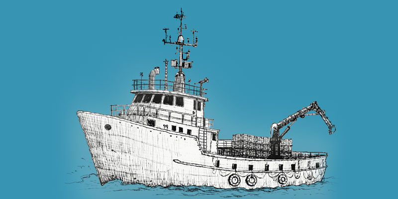 Illustration of a crabber fishing vessel with stacked pots on deck and a crane arm for hauling gear.