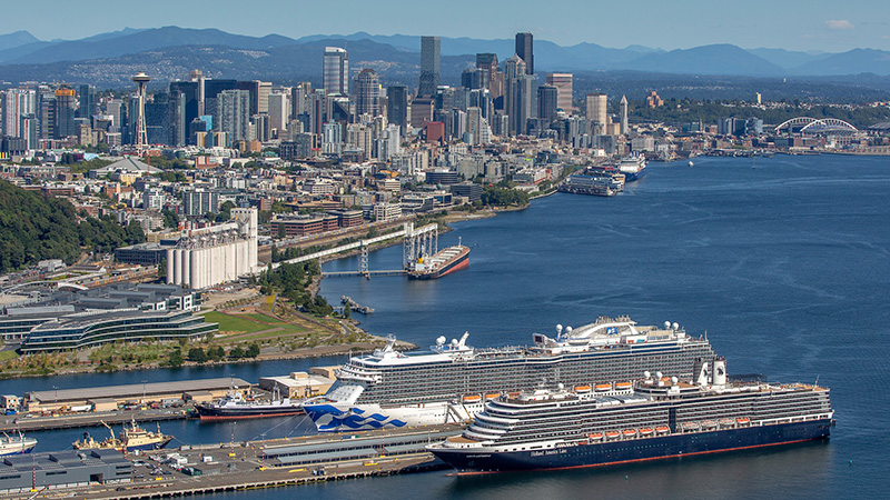 Two large cruise ships docked along a waterfront with a city skyline and mountains in the background.
