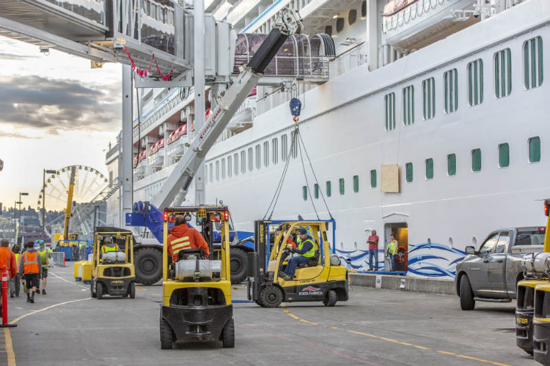 Construction workers at the cruise terminal.