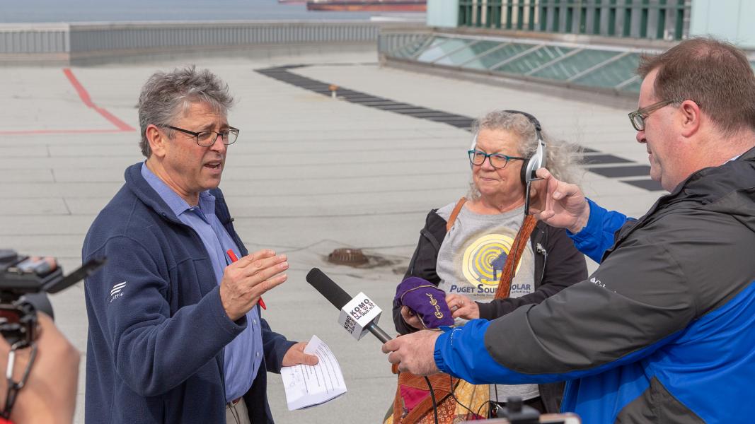 Commissioner Felleman at a press conference announcing solar panels at Pier 69 Port of Seattle Headquarters.