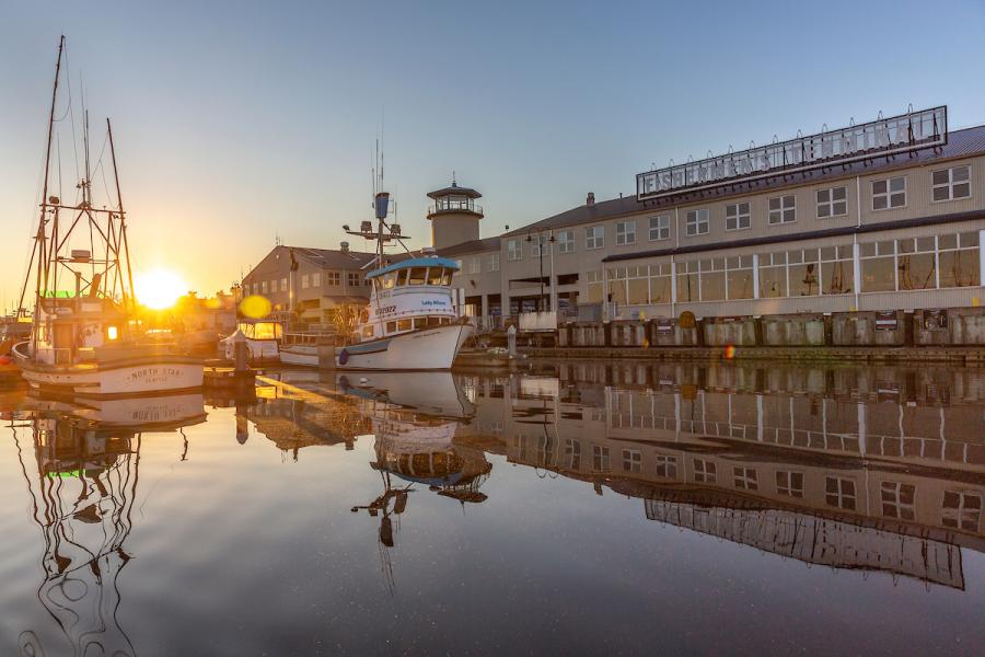 Morning sunshine on Fishermen's Terminal with fishing boats. 