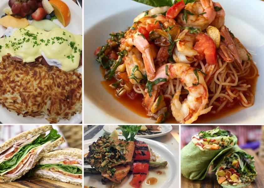 Collage of several food dishes, including an eggs Benedict plate with hash browns and fruit, a pasta dish topped with shrimp and vegetables, a layered deli sandwich with lettuce and tomato, a grilled salmon entrée with vegetables, and a green tortilla wrap filled with assorted ingredients.