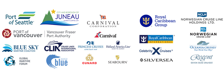 "Collection of logos from various ports, cruise lines, and maritime organizations. Logos shown include: Port of Seattle; Port of Vancouver; Vancouver Fraser Port Authority; City and Borough of Juneau; Carnival Corporation and the Carnival brand; Princess Cruises; Holland America Line; Cunard; Seabourn; Silversea; Royal Caribbean Group and Royal Caribbean International; Celebrity Cruises; Norwegian Cruise Line Holdings and Norwegian Cruise Line; Oceania Cruises; Regent Seven Seas Cruises; Blue Sky Maritime Coalition; Global Maritime Forum; Cruise Lines International Association; Washington Maritime Blue.