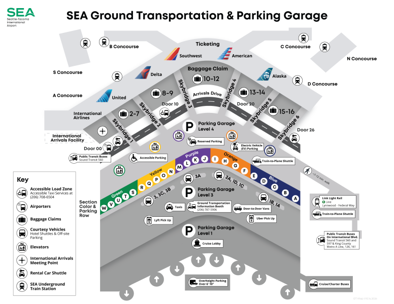Concourses, airlines, baggage claim numbers, and color-coded parking garage sections. 