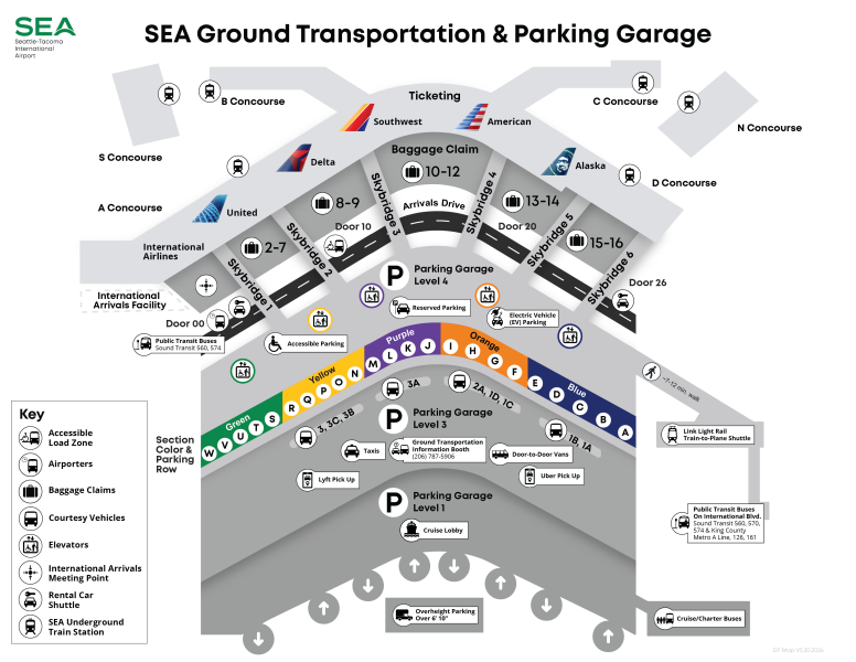 Map of SEA Airport terminal and parking garage, showing concourses A through D, S, and N, airline check-in areas, baggage claim, skybridges 1 to 6, and a 4-level color-coded parking garage (Green, Yellow, Purple, Orange, Blue) with sections for accessible parking, reserved parking, EV charging, taxis, rideshare, door-to-door vans, and cruise/Link Light Rail access.