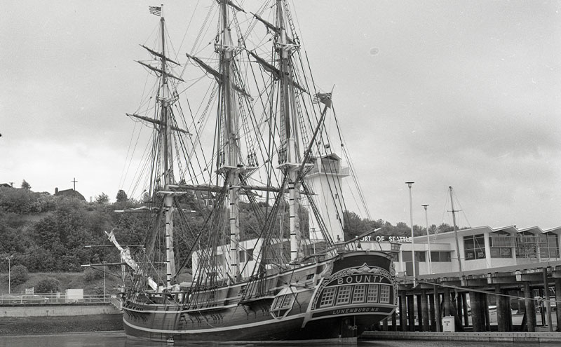 The tall ship HMS Bounty is docked beside a waterfront pier, showing its multiple masts, rigging, and decorative stern, with a hillside and buildings in the background.