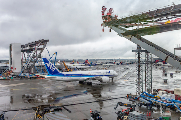 Airport tarmac with an ANA airplane and construction equipment.