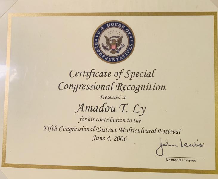 Award certificate for Amadou Ly.