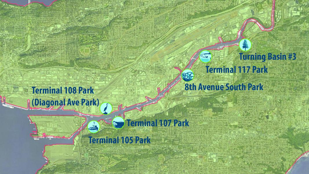 Map of six Port of Seattle parks along the Duwamish River