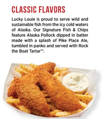 Fried fish and fries in a basket next to tartar sauce, shown beneath a menu description for a signature Alaska pollock dish.