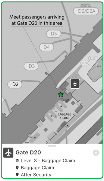 Map showing the location for meeting passengers arriving at Gate D20, indicating the area near the escalator landing by baggage claim in the D Concourse at SEA Airport.