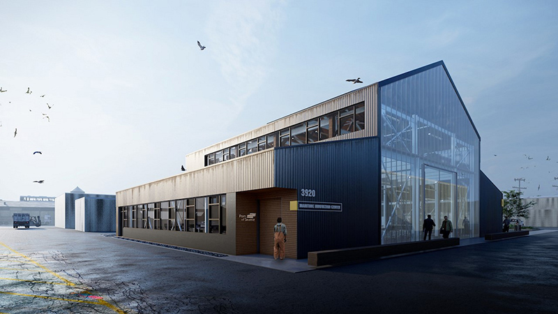 Rendering of the Maritime Innovation Center building, showing a modern structure with large windows and a metal exterior.
