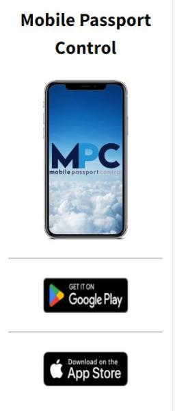 A promotional graphic for the Mobile Passport Control app shows a smartphone displaying the MPC logo above clouds, along with icons linking to the Google Play and Apple App Store.