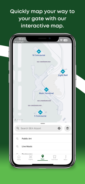 Interactive map screen showing N Concourse, S Concourse, Main Terminal, and Light Rail, with a search bar and category filters.