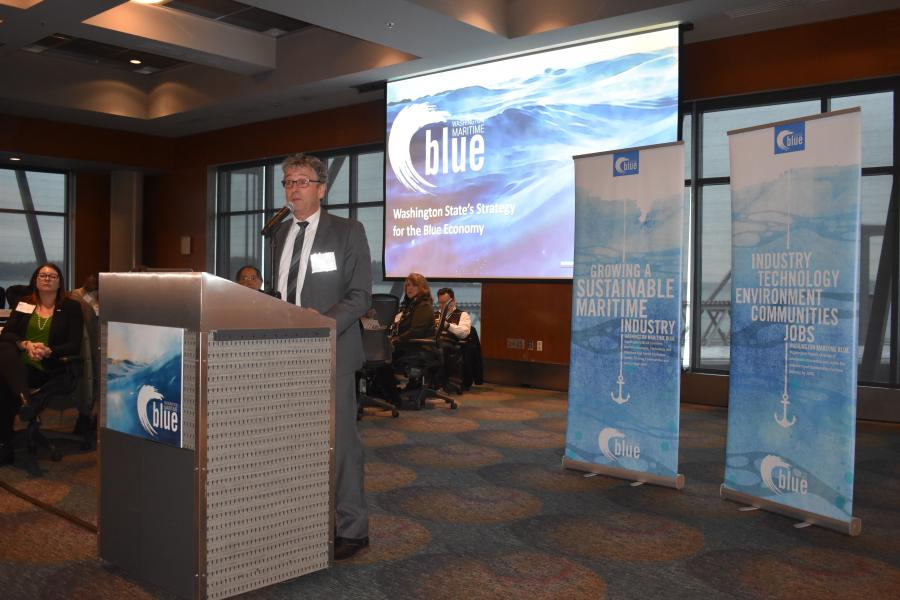Commissioner Felleman Delivering Remarks on Maritime Blue.