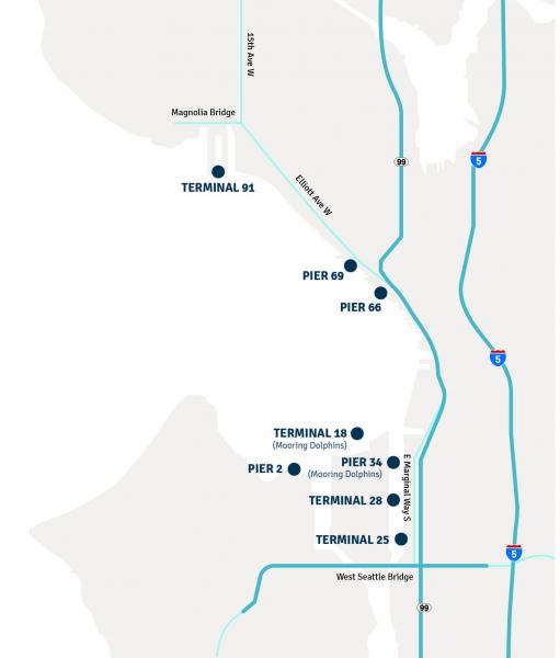 Elliott Bay moorage map showing Port of Seattle pier and terminal locations