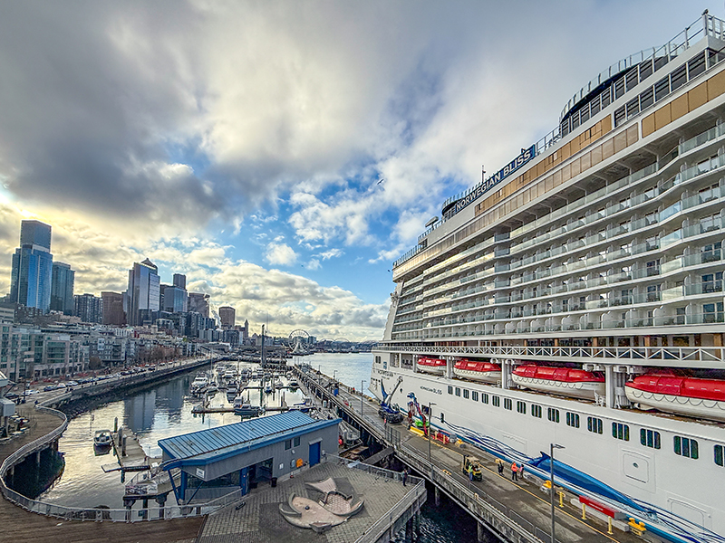 A large cruise ship is docked at a waterfront terminal, with small boats moored nearby and a view of a city skyline under partly cloudy skies.
