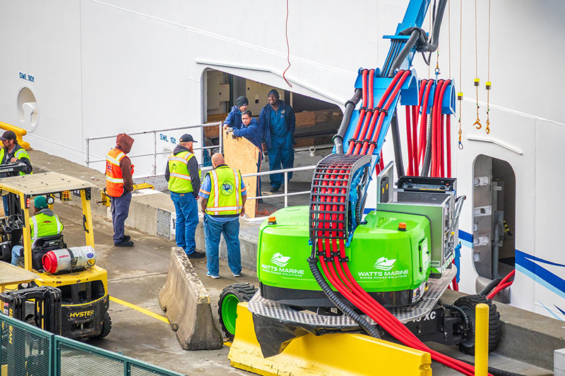 Workers on a dock using heavy equipment with red power cables near a large vessel, with forklifts and other machinery nearby.