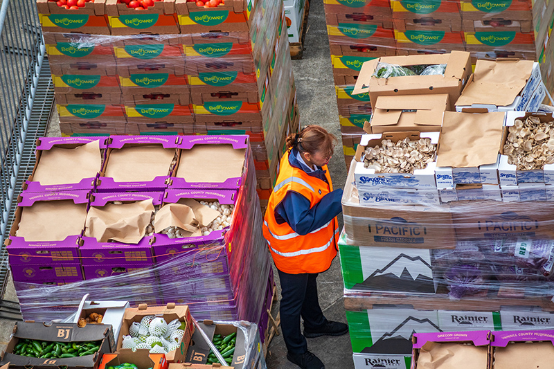 Worker in a high‑visibility vest checking boxed produce stacked on pallets in a loading area.