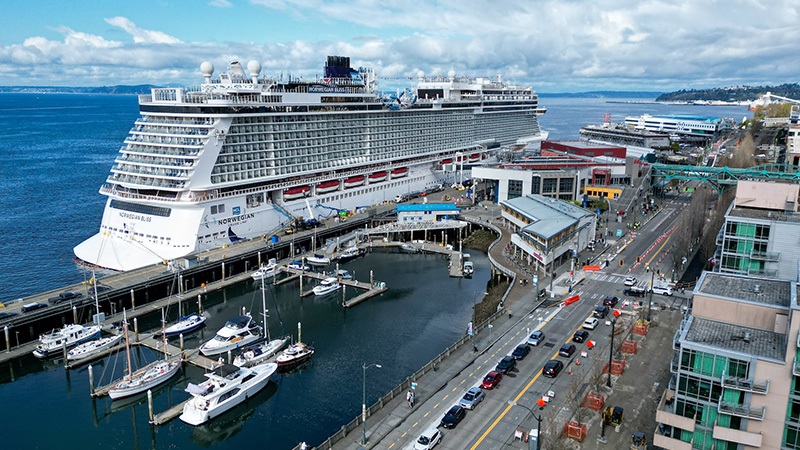 A large cruise ship docked at a waterfront terminal, with nearby marina boats and a busy street visible.